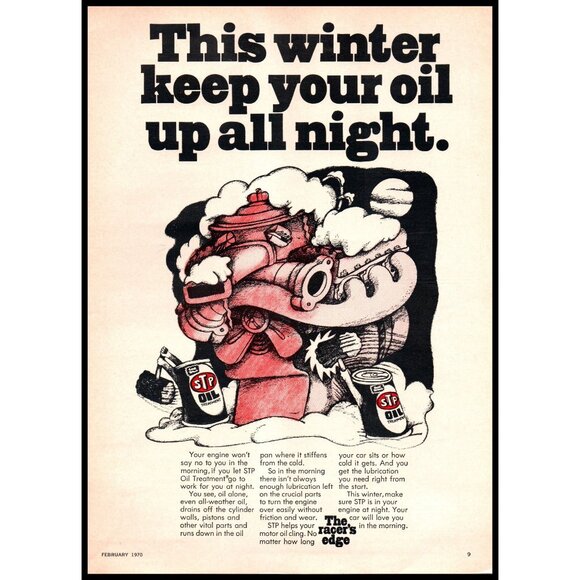 1970 STP Oil Treatment Vintage Print Ad Winter Cartoon Engine Man Cave Wall Art - Picture 1 of 1